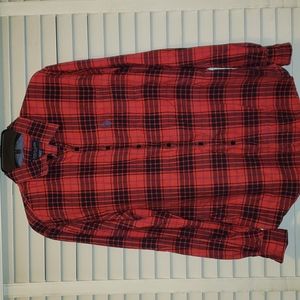 Men's red plaid polo long sleeve shirt